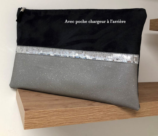 Black and gray laptop bag with silver sequins with charger pocket