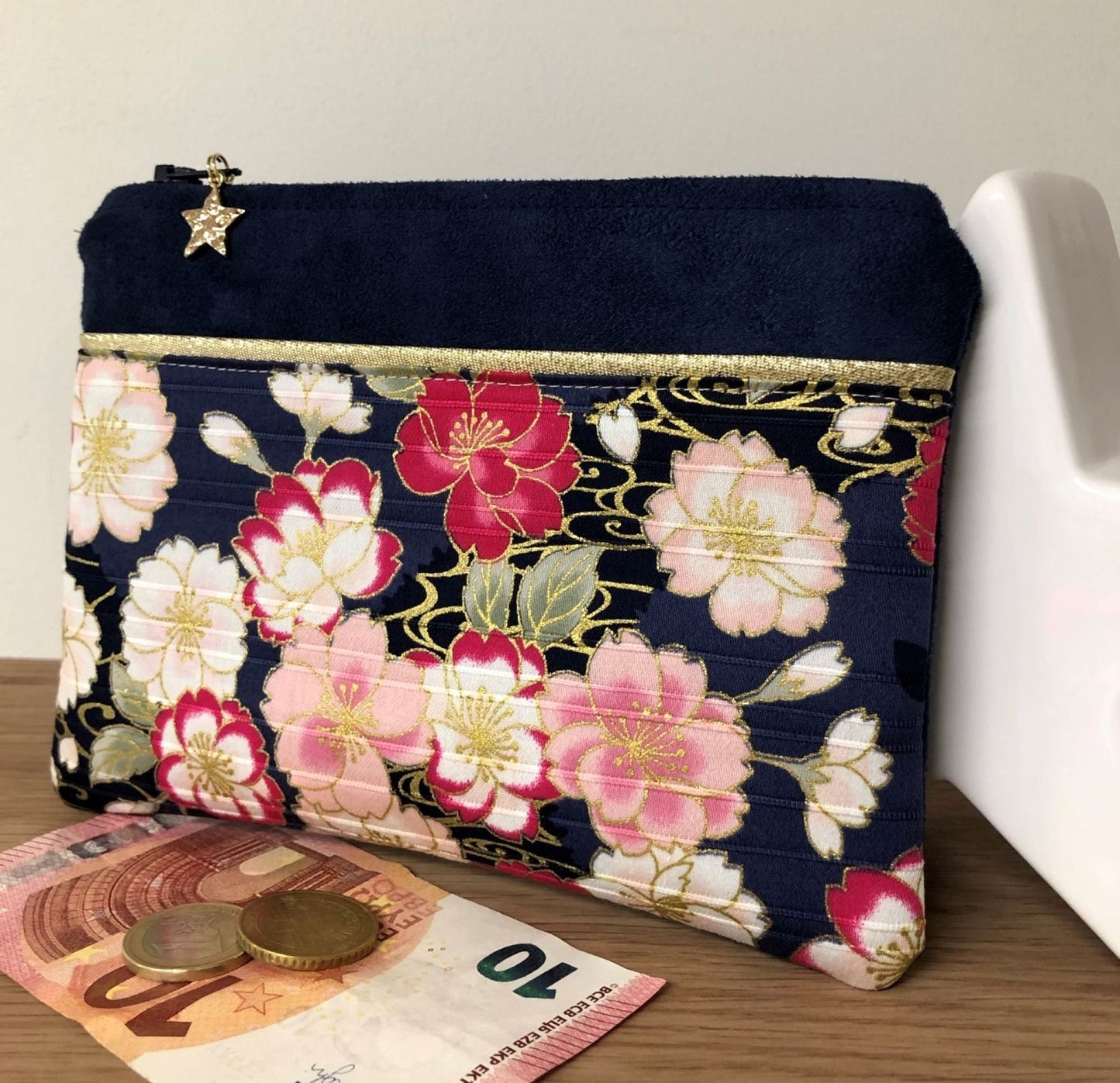 Navy blue, pink and gold purse in Japanese peony fabric