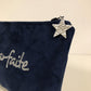 Navy blue suede makeup pouch, sequined message to personalize / Perfect woman's bag kit / Customizable blogger gift