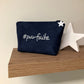 Navy blue suede makeup pouch, sequined message to personalize / Perfect woman's bag kit / Customizable blogger gift