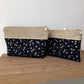 Beige and midnight blue purse in Japanese fabric with golden flowers
