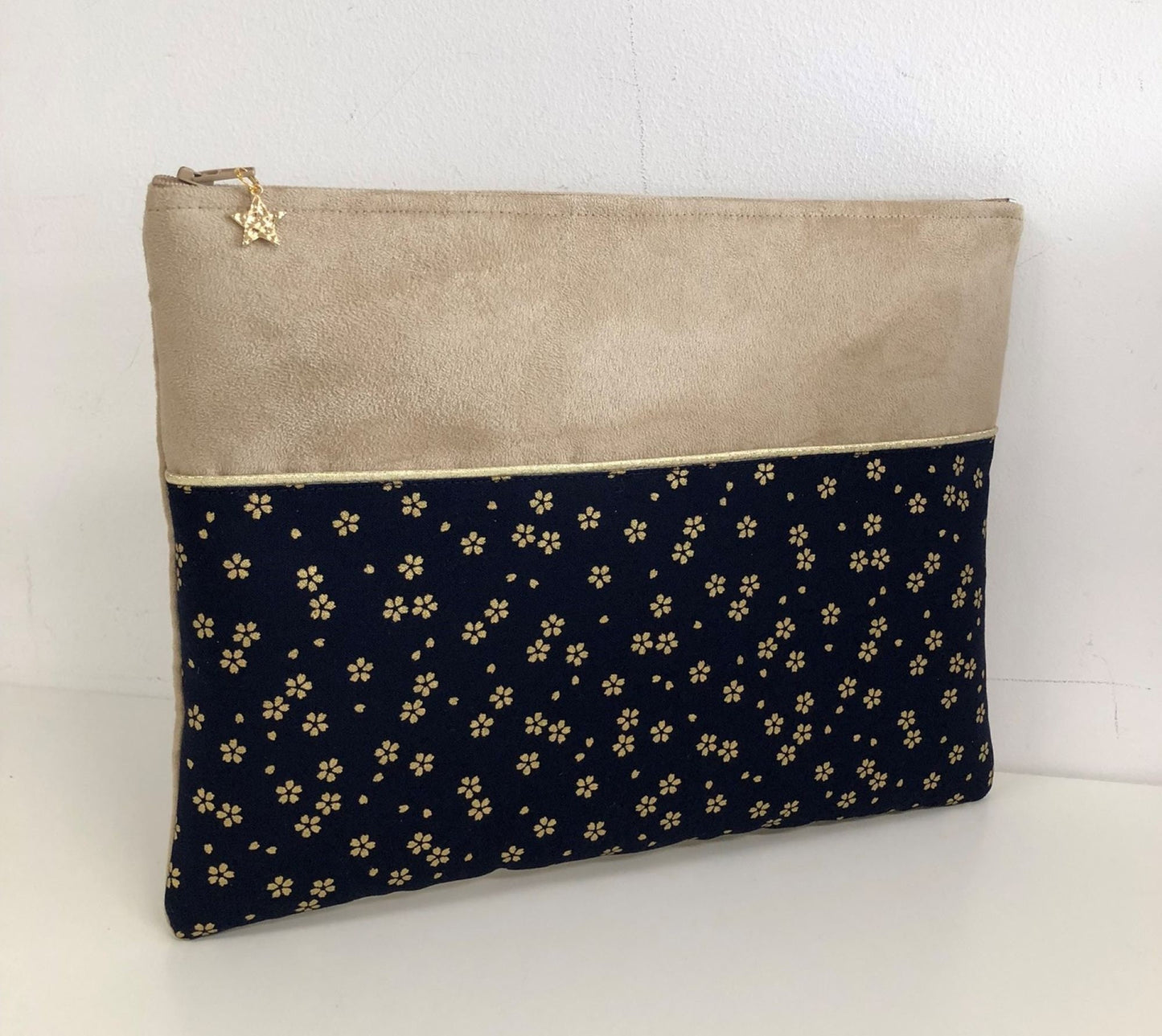 Beige and midnight blue laptop bag with golden flowers with charger pocket