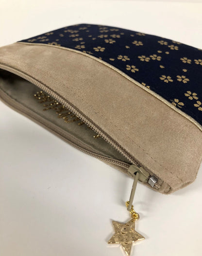 Beige and midnight blue purse in Japanese fabric with golden flowers