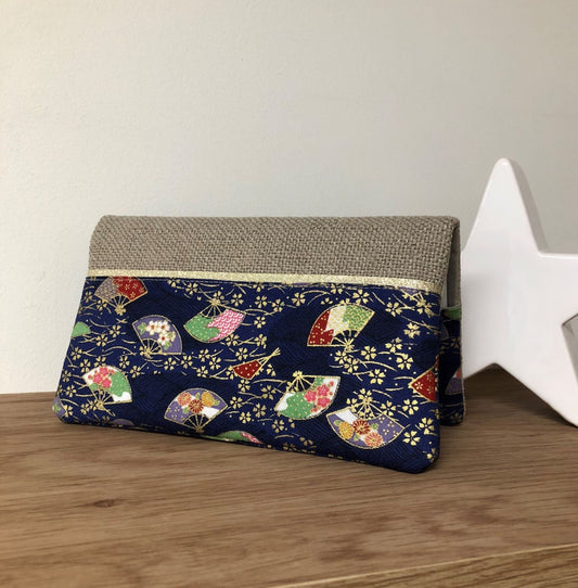 Checkbook holder in beige linen and blue fan-shaped Japanese fabric