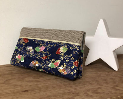 Checkbook holder in beige linen and blue fan-shaped Japanese fabric