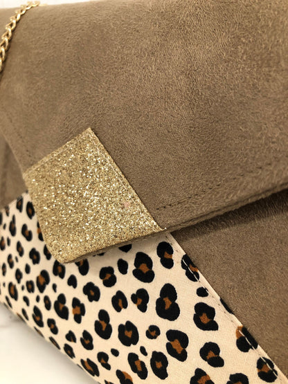 Isa camel clutch bag with animal motif and gold sequins