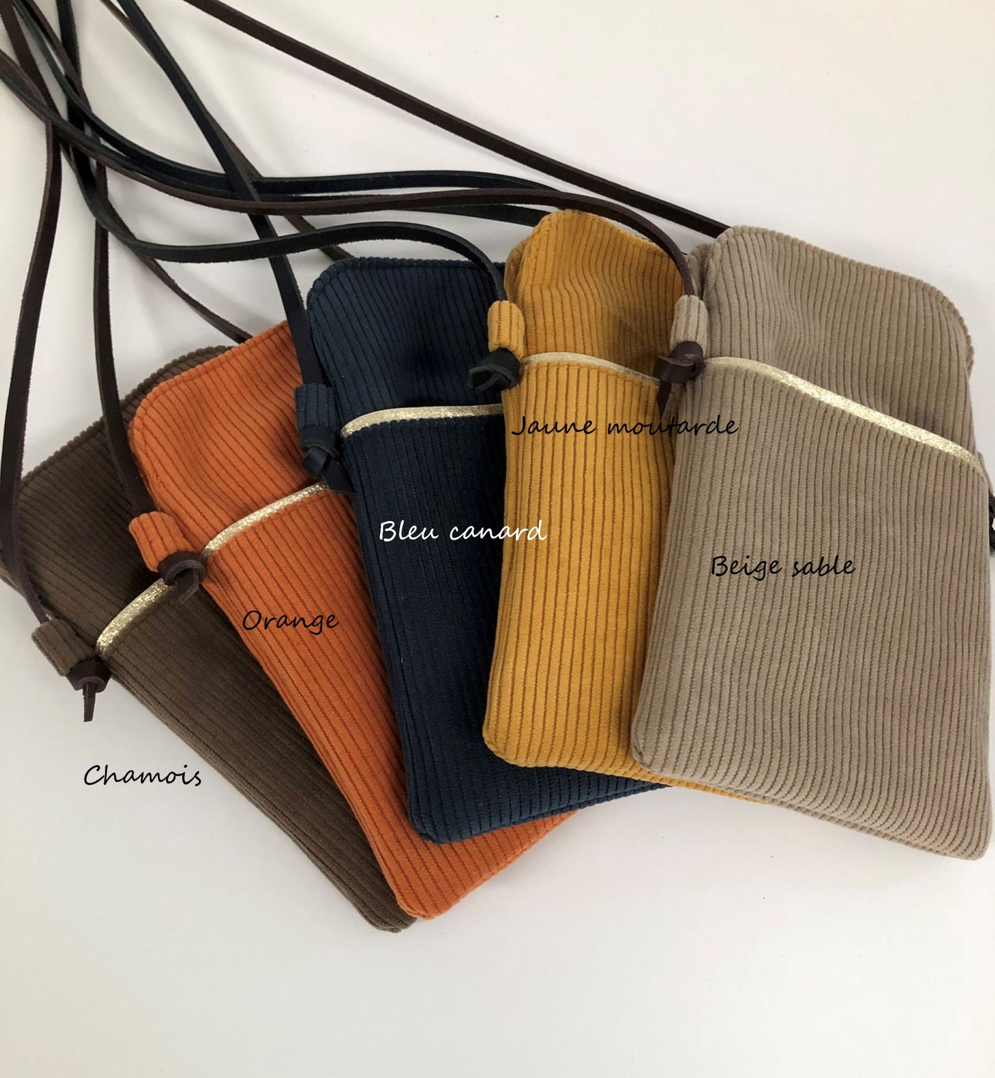 Crossbody phone pouch in beige corduroy and leather