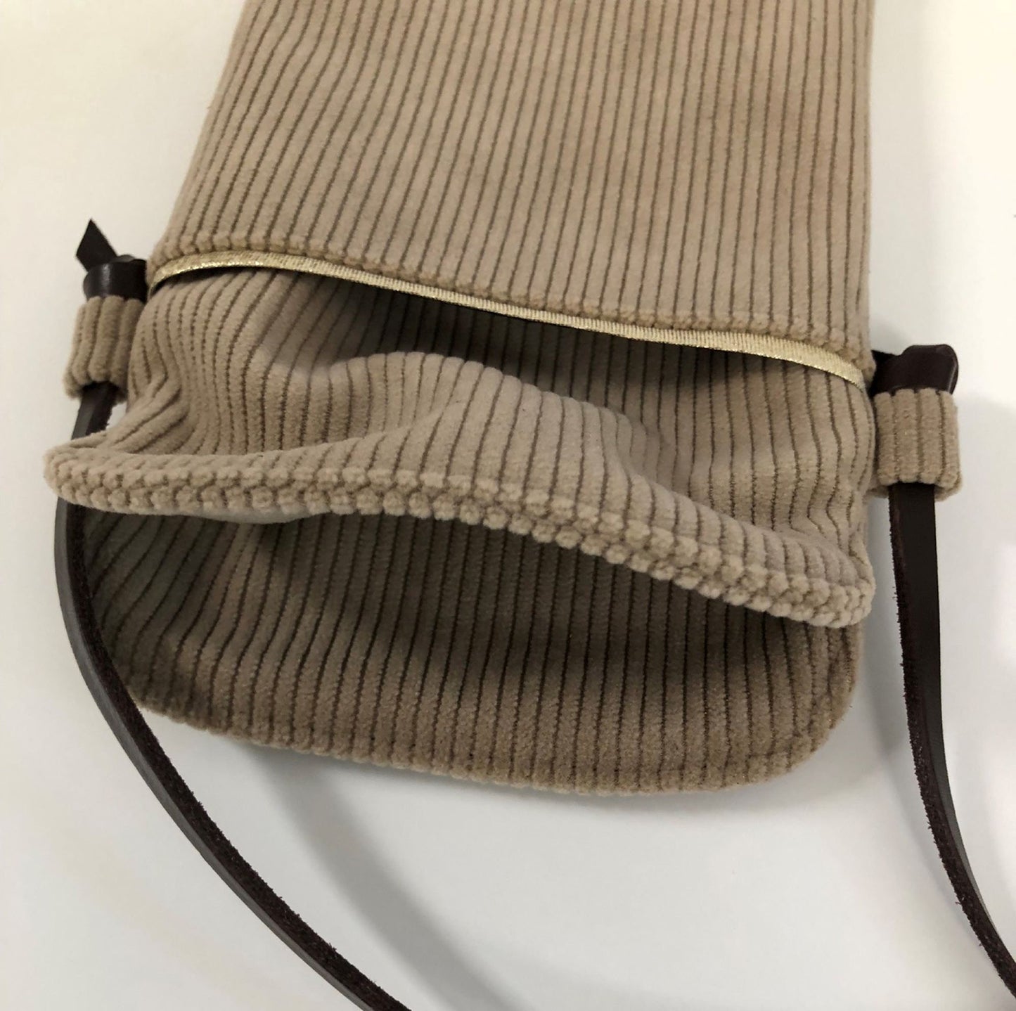 Beige, corduroy and leather phone pouch with shoulder strap
